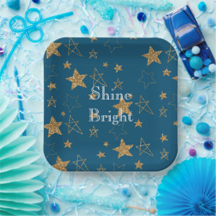 Blue Gold Glitter Stars Paper Plate