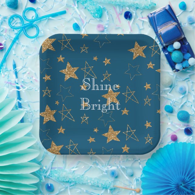 Blue Gold Glitter Stars Paper Plate (Party)