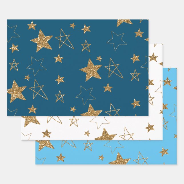 Blue Gold Glitter Stars Wrapping Paper Sheet (Set)