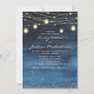 Blue Gold Glitter String Light Lantern Wedding Invitation
