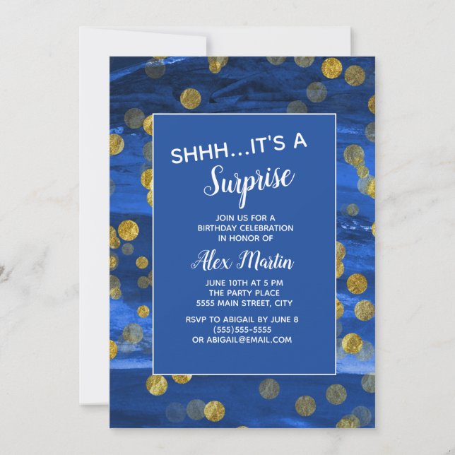 Blue Gold Glitter Surprise Birthday Party Invitation (Front)