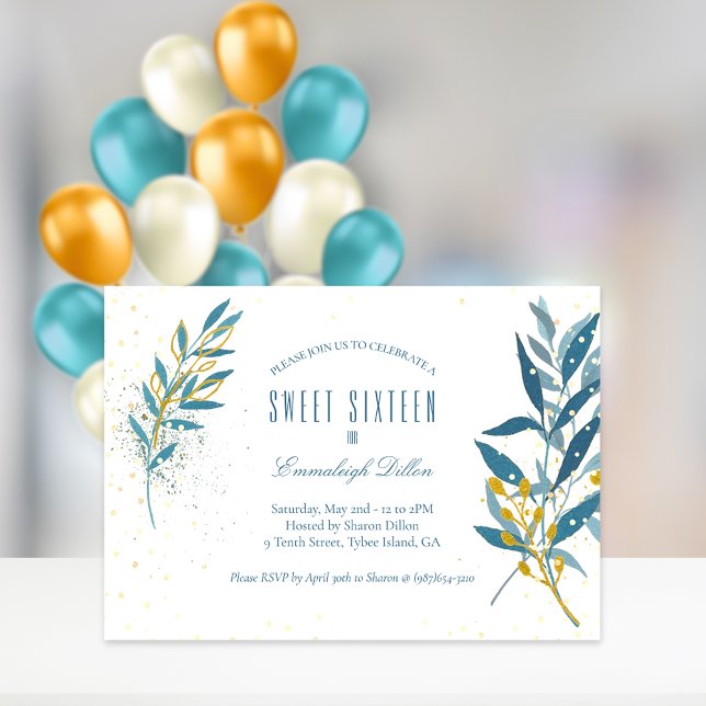 Blue Gold Glitter Sweet Sixteen Birthday Party Invitation (Creator Uploaded)