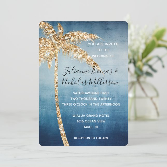 Blue Gold Glitter Tropical Palm Tree Wedding Invitation (Standing Front)