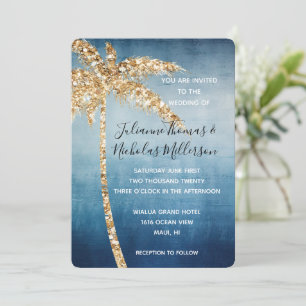 Blue Gold Glitter Tropical Palm Tree Wedding Invitation