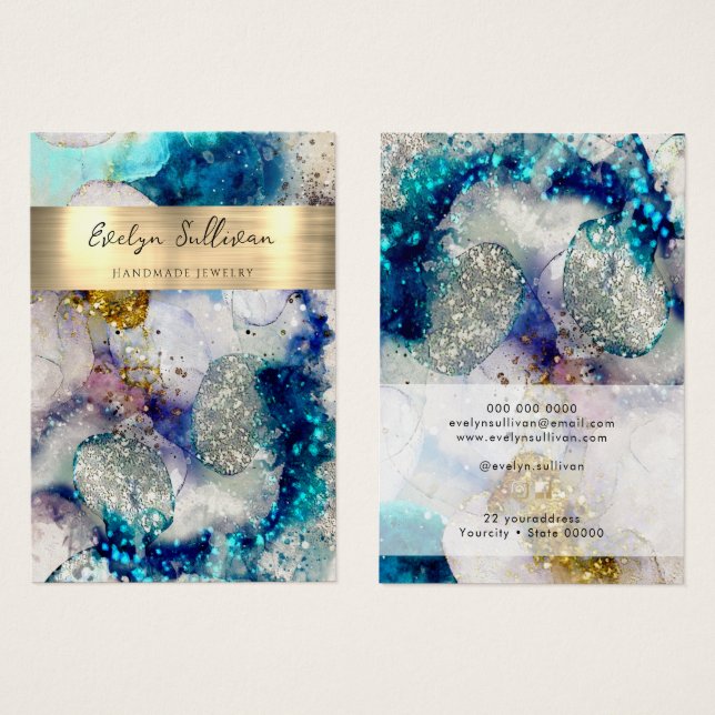 Blue gold glitter watercolor jewellery display car (Front & Back)