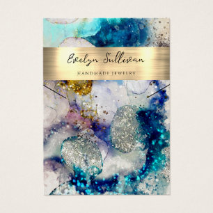 Blue gold glitter watercolor necklace display card
