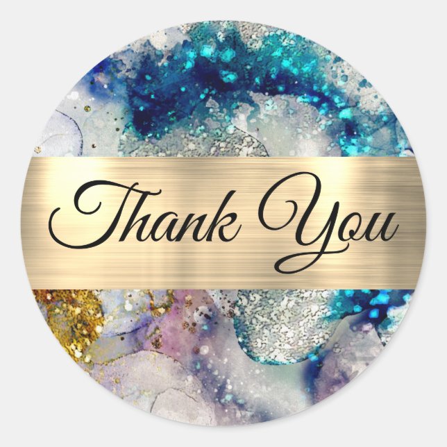 Blue gold glitter watercolor Thank you  Classic Round Sticker (Front)