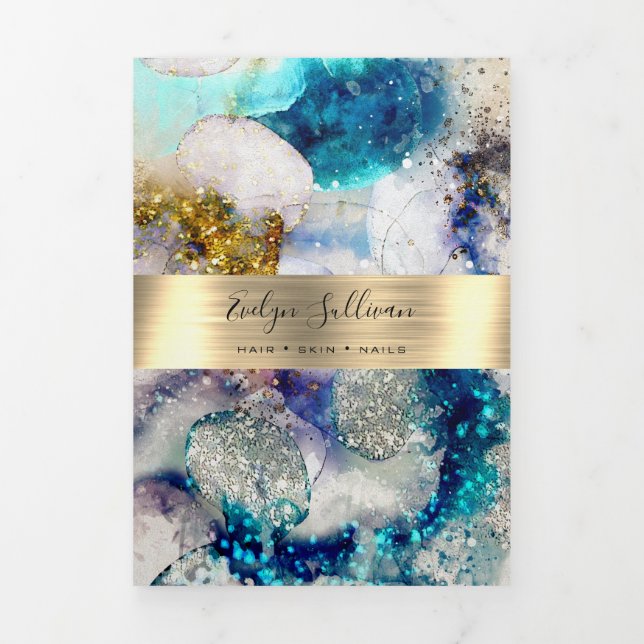 Blue gold glitter watercolor trifold brochure (Cover)
