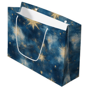 Blue Gold Glitzy Stars Sky Birthday Large Gift Bag