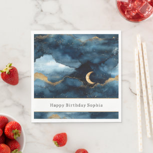 Blue Gold Glitzy Stars Sky Birthday Napkin