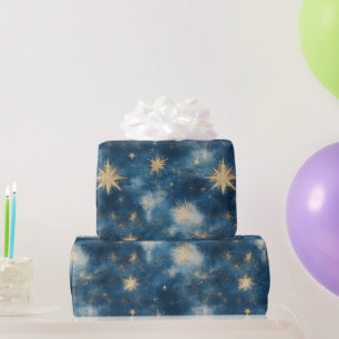 Blue Gold Glitzy Stars Sky Birthday Wrapping Paper