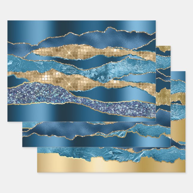 Blue gold golden wine glitter metallic foil chic wrapping paper sheet (Set)