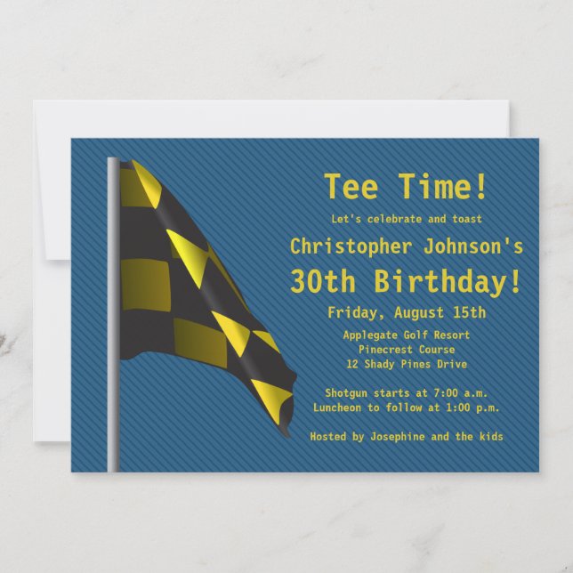 Blue Gold Golf Flag 30th Birthday Party Invitation (Front)