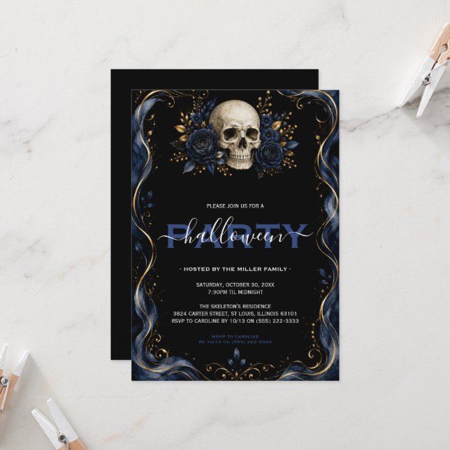 Blue Gold Gothic Halloween Party Invitation (Front/Back In Situ)