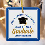 Blue Gold Graduate 2025 Personalised Christmas Ceramic Ornament<br><div class="desc">This modern blue and gold custom graduate Christmas ornament feature classy typography of your university or college name for the class of 2025. Customise with your graduating year next to the chic handwritten script and black grad cap for a great personalised congratulations graduation gift.</div>