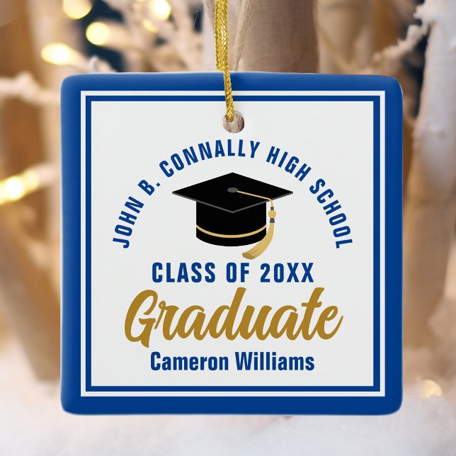 Blue Gold Graduate 2025 Personalised Christmas Ceramic Ornament (Creator Uploaded)