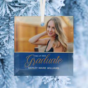 Blue Gold Graduate Photo Chic Graduation Christmas Glass Tree Decoration