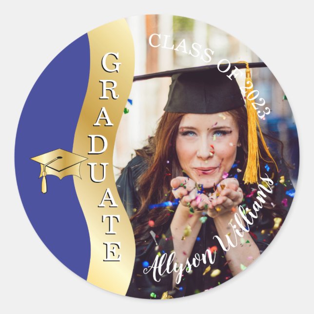 Blue | Gold Graduate Wave Grad Cap Photo Classic Round Sticker (Front)