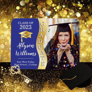 Blue Gold Graduate Wave Grad Cap Photo Magnet