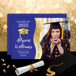 Blue   Gold Graduate Wave Grad Cap Photo Thank You Card