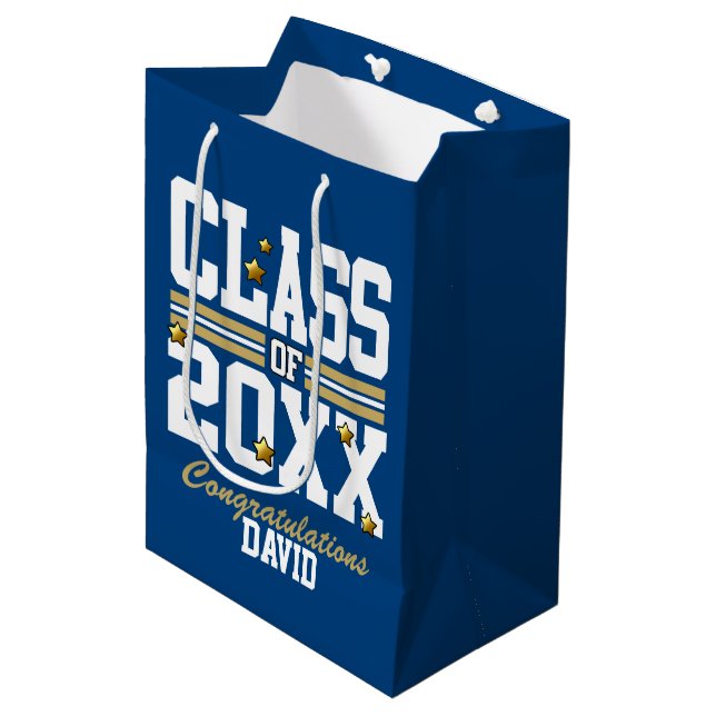 Blue|Gold Graduating Class Year Medium Gift Bag (Front Angled)