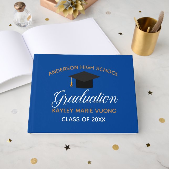 Blue Gold Graduation 2026 Autograph Keepsake Guest Book (Front Open)