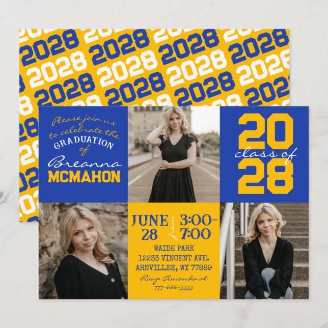 Blue & Gold Graduation 3 Photo Collage Invitation (Front/Back)