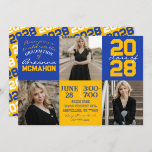 Blue & Gold Graduation 3 Photo Collage Invitation