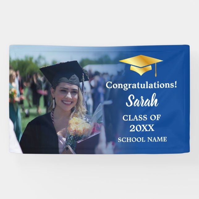 Blue | Gold Graduation Custom Photo Class Of 2025 Banner (Horizontal)