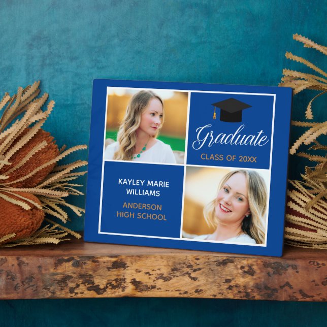 Blue Gold Graduation Keepsake Graduate Photo Plaque (Side)