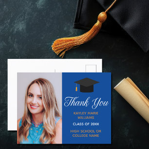 Blue Gold Graduation Photo 2025 Graduate Thank You Postcard
