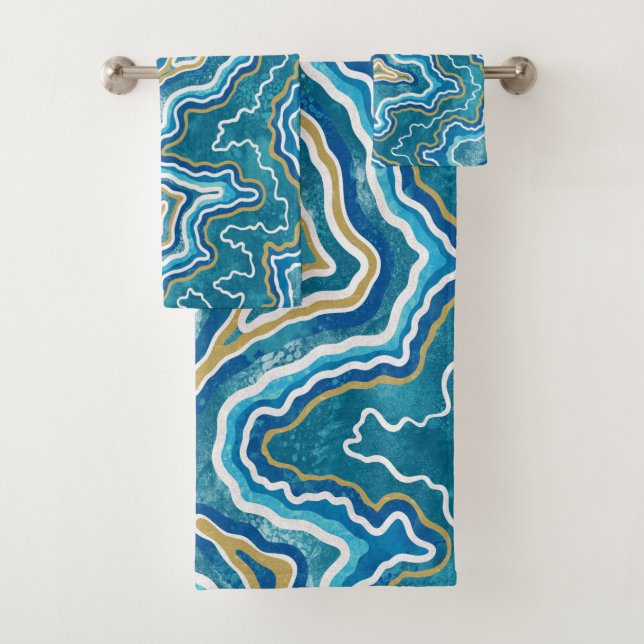 Blue Gold Graphic Agate Bath Towel Set (Insitu)