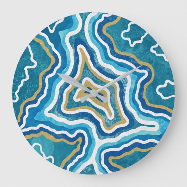 Blue Gold Graphic Agate Large Clock (Front)