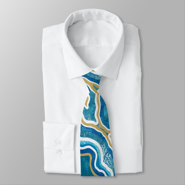 Blue Gold Graphic Agate Tie (Tied)