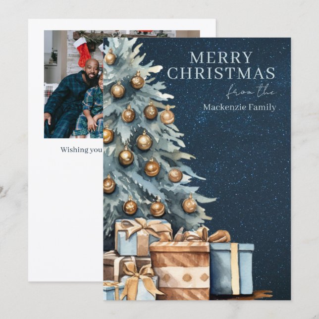 Blue Gold Green Christmas Tree Photo Personalized Holiday Card (Front/Back)