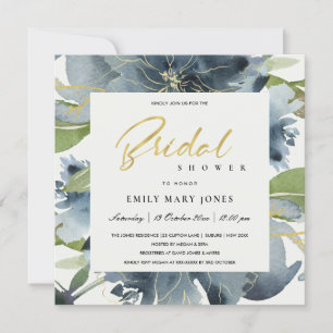 BLUE GOLD GREEN FLORAL WATERCOLOR BRIDAL SHOWER INVITATION