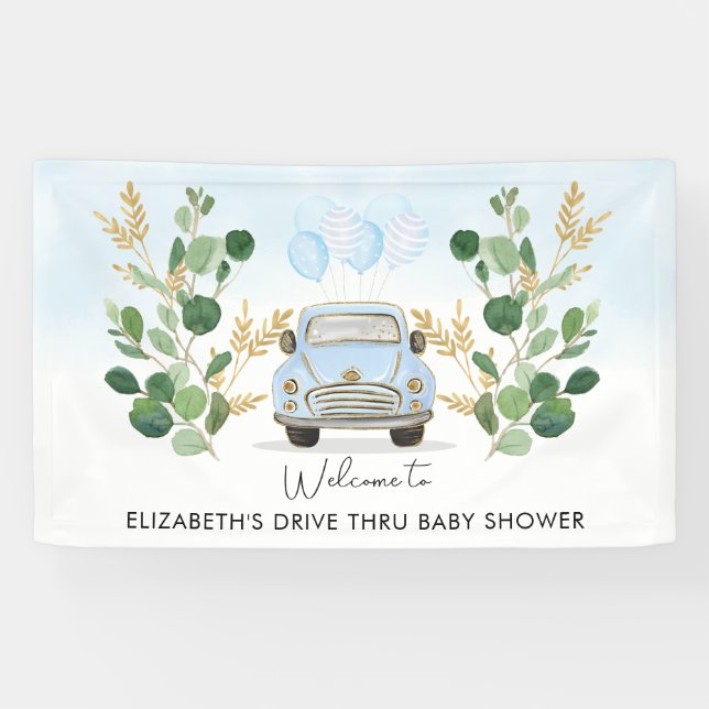 Blue Gold Greenery Drive By Baby Shower Welcome Banner (Horizontal)