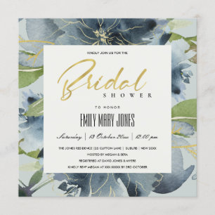 BLUE GOLD GREY FLORAL WATERCOLOR BRIDAL SHOWER INVITATION