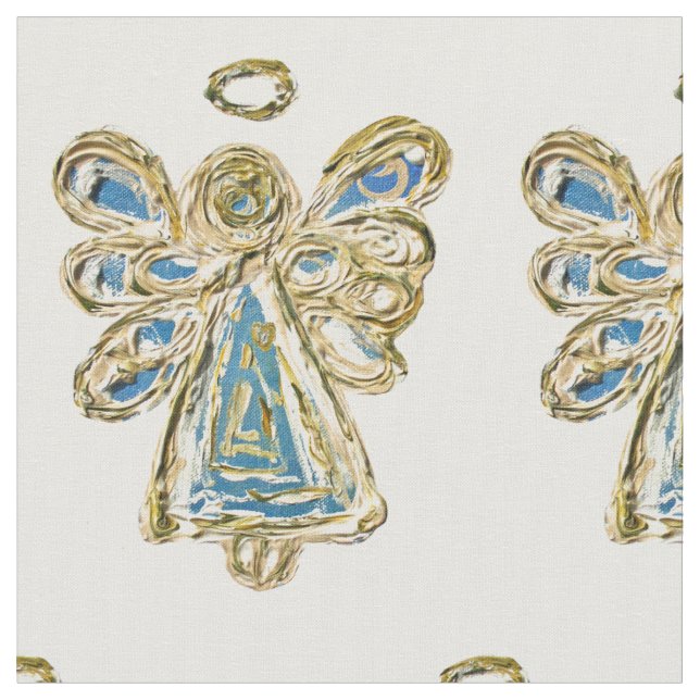 Blue Gold Guardian Angel Art Fabric Material (Close Up)