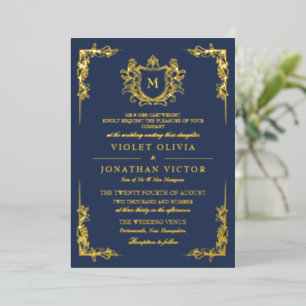 Blue Gold Hand-Drawn Vintage Crest Monogram