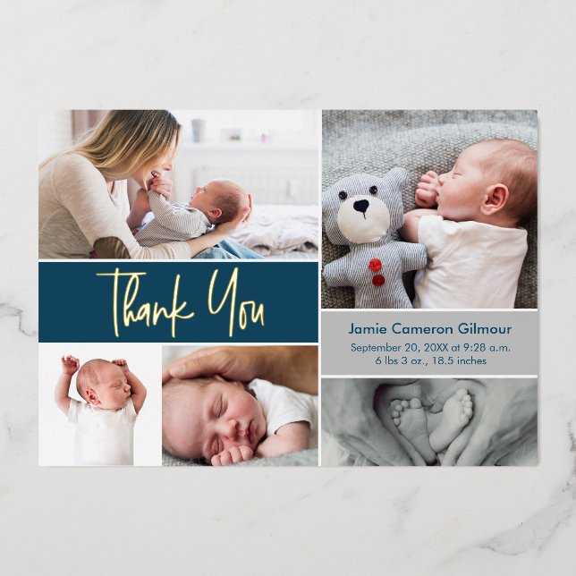 Blue Gold handlettering Custom Photos Baby Shower Foil Holiday Card (Front)