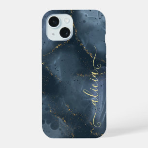 Blue Gold Handpainted Alcohol Ink iPhone 15 Case