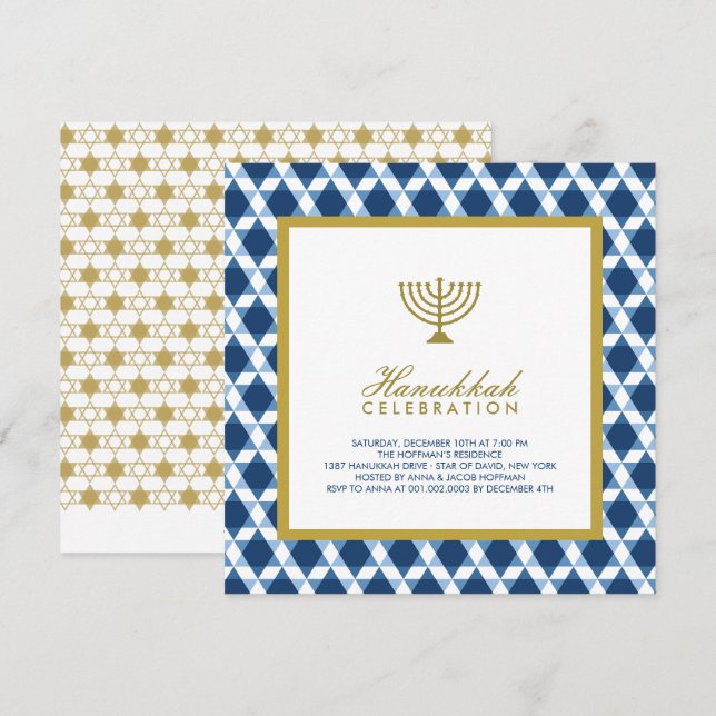 Blue Gold Hanukkah Star Of David Menorah Party Invitation (Front/Back)