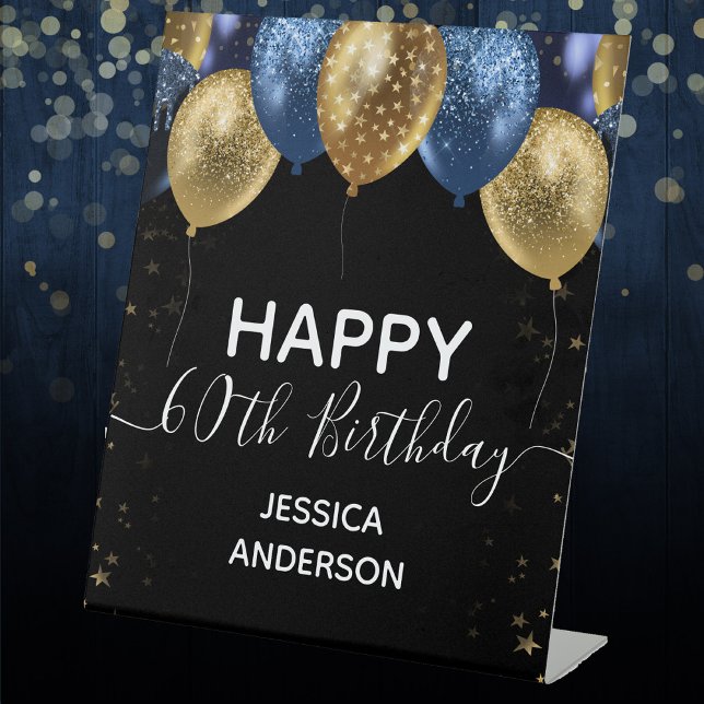 Blue Gold Happy 60th Birthday Pedestal Sign (Creator Uploaded)