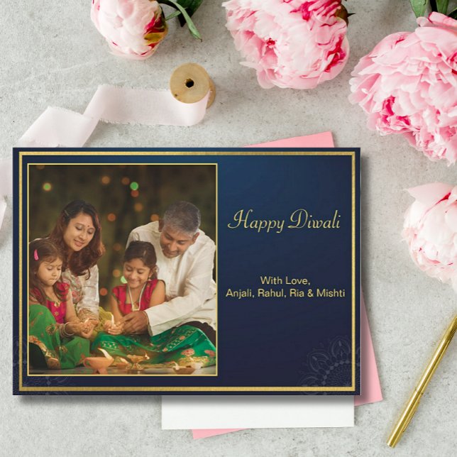 Blue Gold Happy Diwali Photo Personalised Greeting Holiday Card (Creator Uploaded)