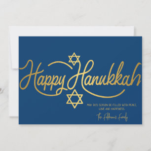 Blue & Gold Happy Hanukkah Calligraphy Holiday Card