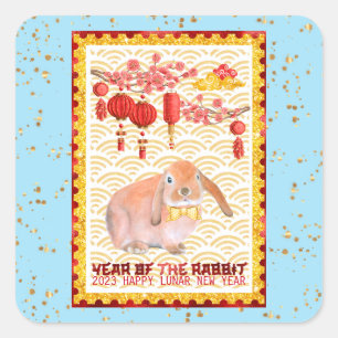 Blue Gold Happy Lunar New Year of the Rabbit Square Sticker