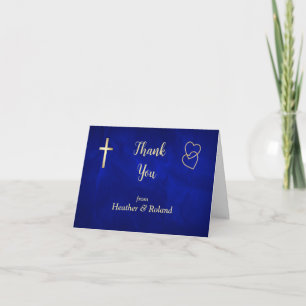 Blue Gold Hearts Christian Cross Wedding Thank You