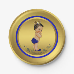 Blue Gold Hispanic Ethnic Prince Baby Shower Paper Plate