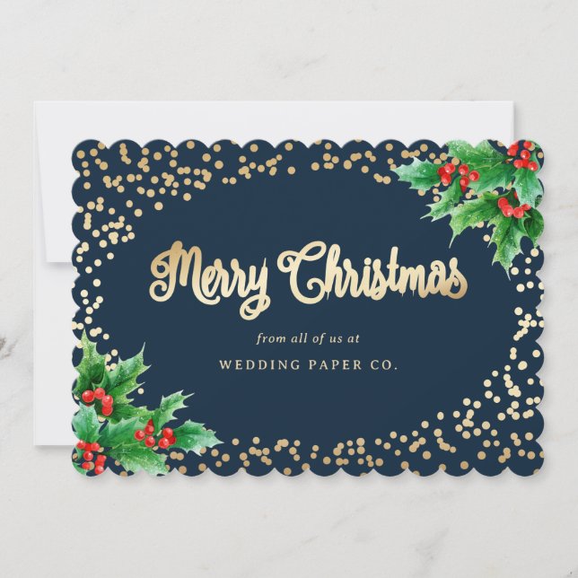 Blue Gold Holly Berries Business Christmas Cards (Front)